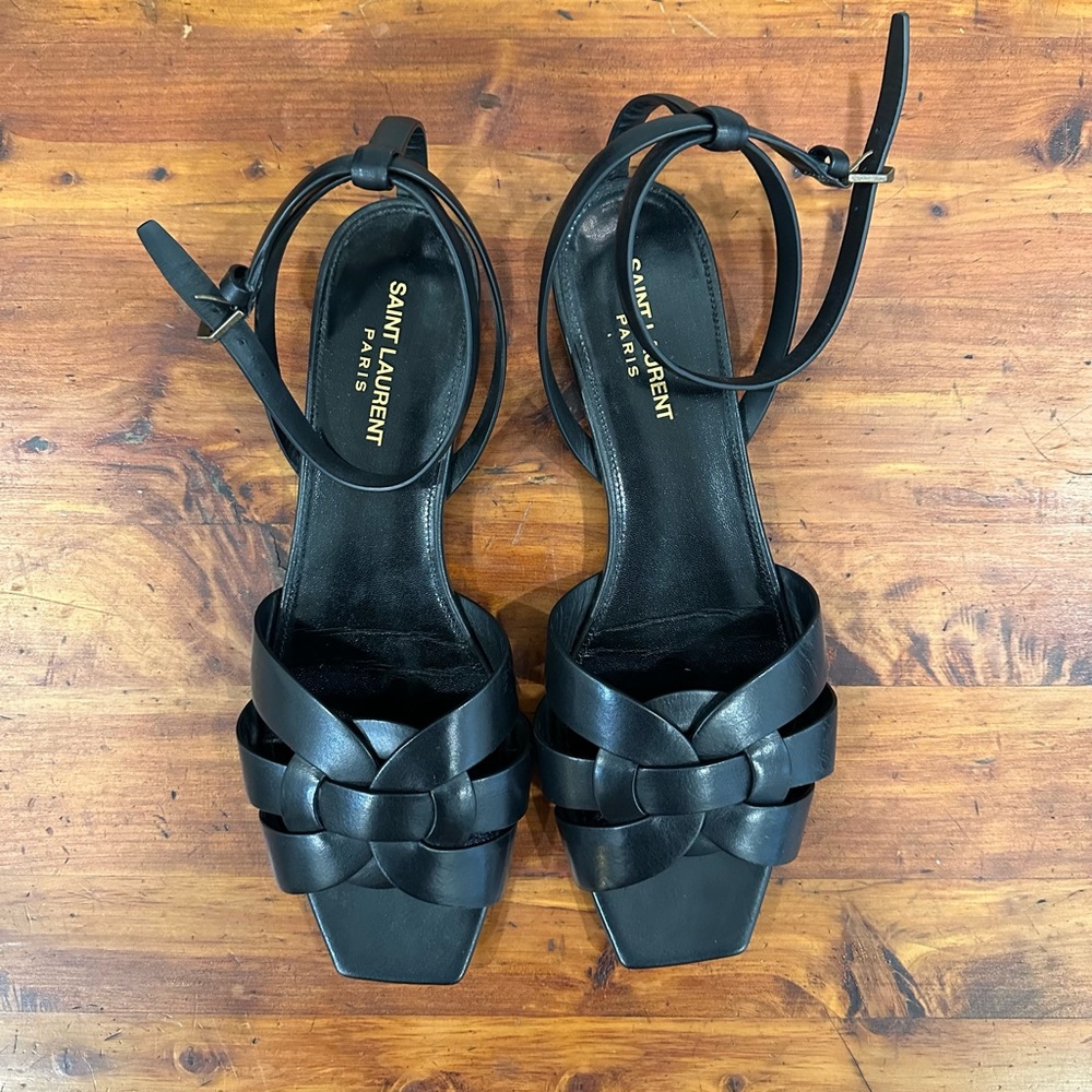 Saint Laurent Black Woven Leather Ankle-Strap Sandals